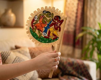 Hand-Painted Bengal Pattachitra Wooden Fan – Traditional Indian Folk Art Decorative Hand Fan (9''x8'')