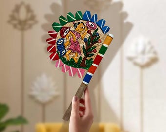 Hand-Painted Bengal Pattachitra Wooden Fan – Traditional Indian Folk Art Decorative Hand Fan (Approx. 11”)