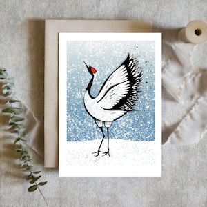 Paquete de 10, 15 o 20 tarjetas de felicitación • Grulla japonesa en la nieve • Interior en blanco • Sostenible • Navidad, Año Nuevo, Cumpleaños, Agradecimiento