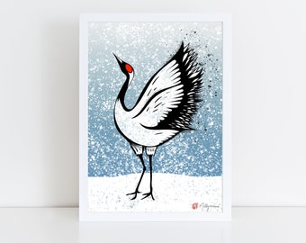 Japanese Crane Signed Art Print by Molly Maine, printed on thick bamboo paper • Japanese Wall Art • Bird Art • Crane in Snow Fine Art Poster
