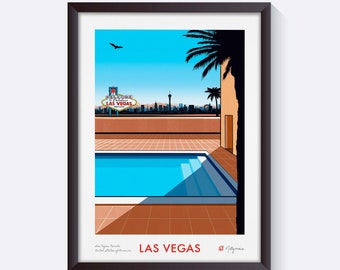 May include: A retro-style illustration of a Las Vegas pool scene. The image features a swimming pool with a blue tiled bottom and a tan tiled deck. The iconic "Welcome to Fabulous Las Vegas" sign is visible in the background, along with a cityscape and palm trees.