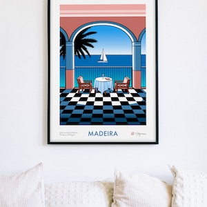 Colourful giclee art print of the view from Belmond Reids Palace hotel bar in Funchal, Madeira. The view from the bar shows palm trees, the sea, and a sailing boat. The main colours are pink, blue, black and white. The print comes in 4 sizes.
