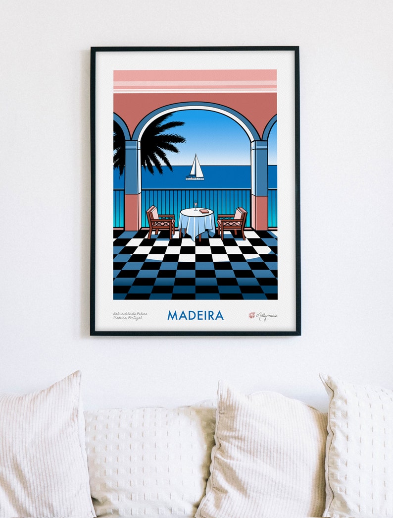 Colourful giclee art print of the view from Belmond Reids Palace hotel bar in Funchal, Madeira. The view from the bar shows palm trees, the sea, and a sailing boat. The main colours are pink, blue, black and white. The print comes in 4 sizes.