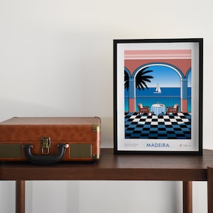 Colourful giclee art print of the view from Belmond Reids Palace hotel bar in Funchal, Madeira. The view from the bar shows palm trees, the sea, and a sailing boat. The main colours are pink, blue, black and white. The print comes in 4 sizes.