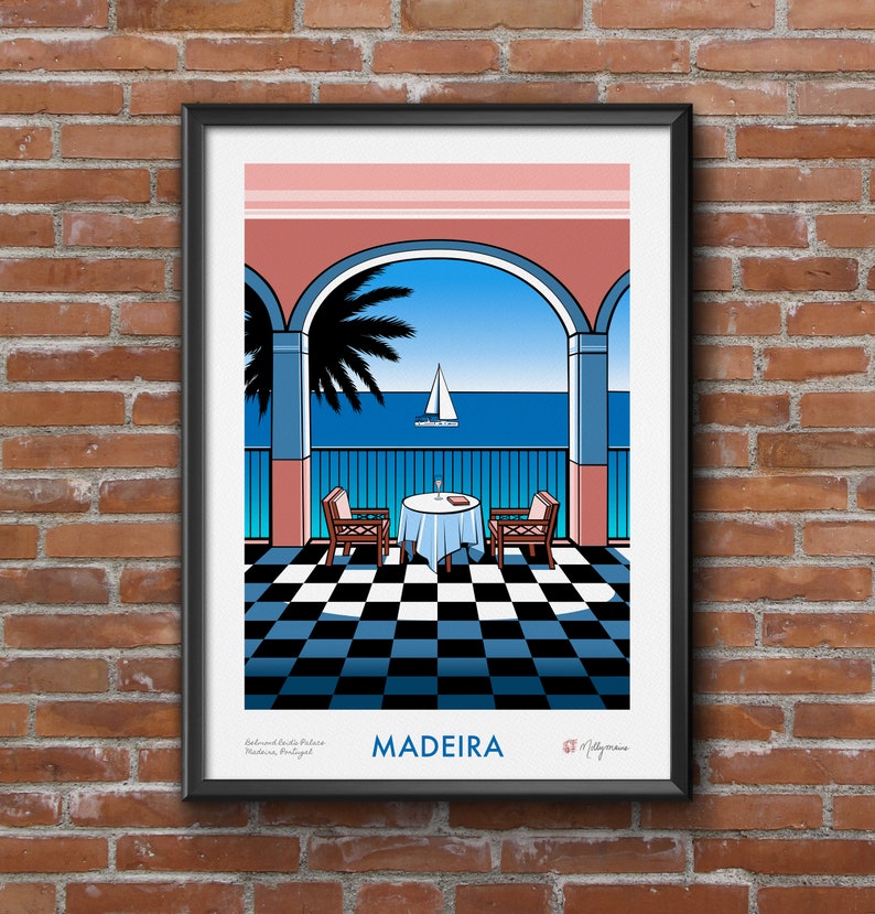 Colourful giclee art print of the view from Belmond Reids Palace hotel bar in Funchal, Madeira. The view from the bar shows palm trees, the sea, and a sailing boat. The main colours are pink, blue, black and white. The print comes in 4 sizes.