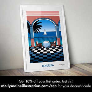 May include: A digital illustration of a balcony overlooking the ocean with a checkered floor, two chairs, a table, and a sailboat in the distance. The text "MADEIRA" is at the bottom of the image.