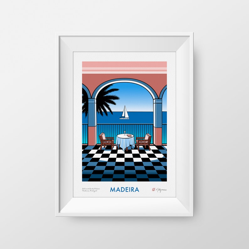 Colourful giclee art print of the view from Belmond Reids Palace hotel bar in Funchal, Madeira. The view from the bar shows palm trees, the sea, and a sailing boat. The main colours are pink, blue, black and white. The print comes in 4 sizes.