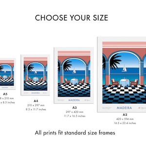 Colourful giclee art print of the view from Belmond Reids Palace hotel bar in Funchal, Madeira. The view from the bar shows palm trees, the sea, and a sailing boat. The main colours are pink, blue, black and white. The print comes in 4 sizes.