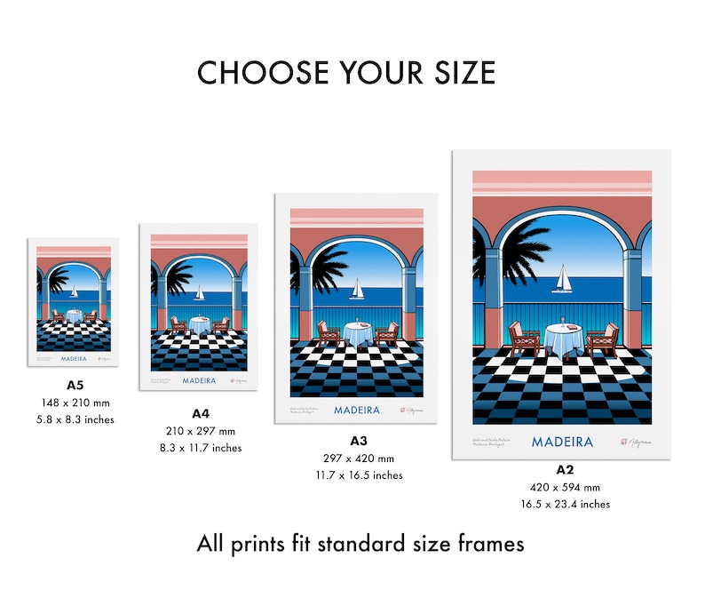 Colourful giclee art print of the view from Belmond Reids Palace hotel bar in Funchal, Madeira. The view from the bar shows palm trees, the sea, and a sailing boat. The main colours are pink, blue, black and white. The print comes in 4 sizes.