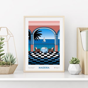 Colourful giclee art print of the view from Belmond Reids Palace hotel bar in Funchal, Madeira. The view from the bar shows palm trees, the sea, and a sailing boat. The main colours are pink, blue, black and white. The print comes in 4 sizes.