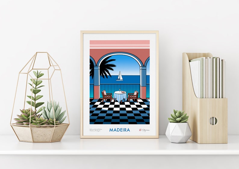 Colourful giclee art print of the view from Belmond Reids Palace hotel bar in Funchal, Madeira. The view from the bar shows palm trees, the sea, and a sailing boat. The main colours are pink, blue, black and white. The print comes in 4 sizes.