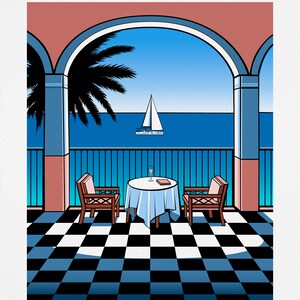 Colourful giclee art print of the view from Belmond Reids Palace hotel bar in Funchal, Madeira. The view from the bar shows palm trees, the sea, and a sailing boat. The main colours are pink, blue, black and white. The print comes in 4 sizes.