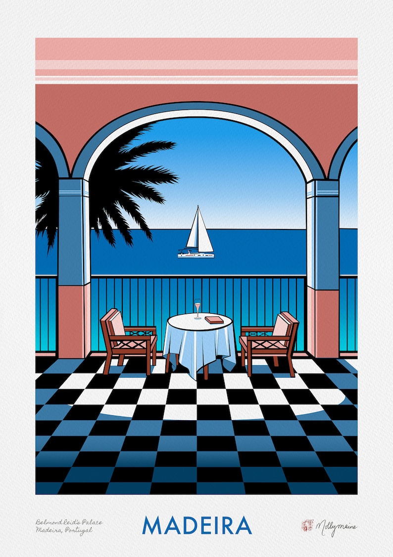 Colourful giclee art print of the view from Belmond Reids Palace hotel bar in Funchal, Madeira. The view from the bar shows palm trees, the sea, and a sailing boat. The main colours are pink, blue, black and white. The print comes in 4 sizes.