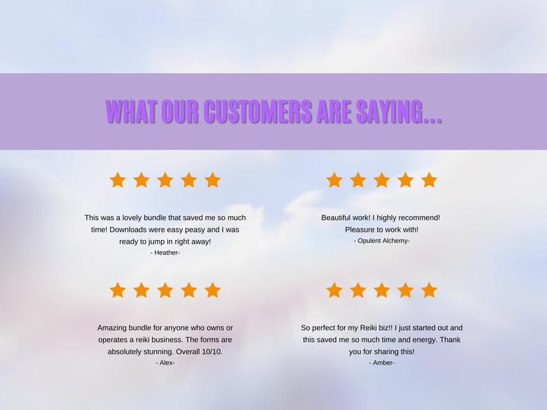 May include: A graphic with customer testimonials and star ratings. The text reads "WHAT OUR CUSTOMERS ARE SAYING..." and includes positive feedback about a reiki bundle, highlighting ease of use and time-saving benefits.