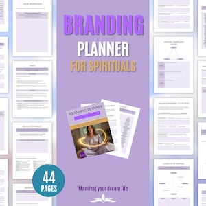 May include: A branding planner for spirituals with a purple and white design. The cover of the planner features a woman with a golden aura. The text on the cover reads "Branding Planner". The planner includes 44 pages and the text "Manifest your dream life".
