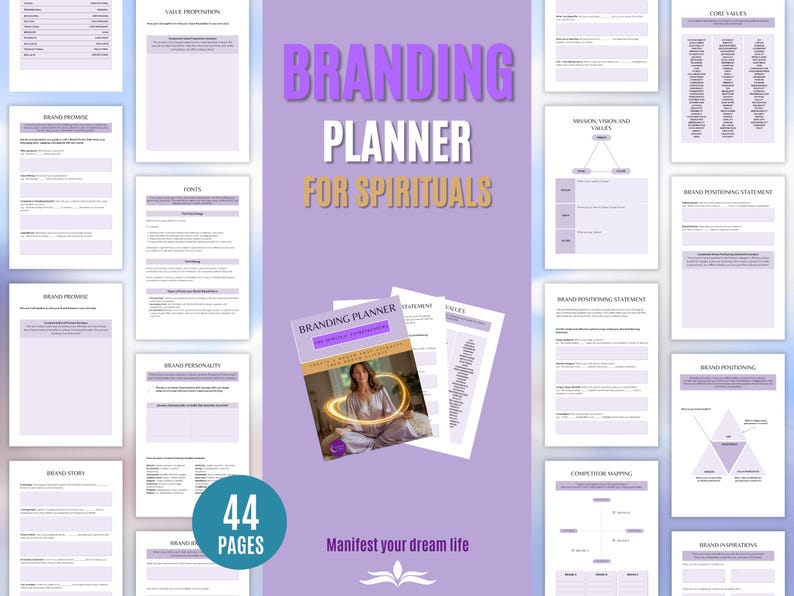May include: A branding planner for spirituals with a purple and white design. The cover of the planner features a woman with a golden aura. The text on the cover reads "Branding Planner". The planner includes 44 pages and the text "Manifest your dream life".