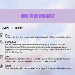 May include: A graphic with the text "HOW TO DOWNLOAD?" and "3 SIMPLE STEPS:" with instructions on how to buy, download, edit, and print a digital product. The background is a gradient of purple and blue.