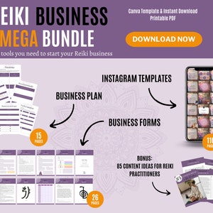 May include: A purple and white mandala design with the text "Reiki Business Mega Bundle" and "All the tools you need to start your Reiki business". The image shows a collection of printable digital downloads for a Reiki business, including a business plan, Instagram templates, business forms, and content ideas for Reiki practitioners. The image also includes the text "Canva Template & Instant Download Printable PDF" and "Download Now".