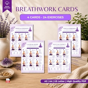 Peut inclure: Quatre cartes de respiration numérique avec des bordures florales violettes et des illustrations d'une personne en position de méditation assise. Les cartes sont intitulées Sports & Endurance, Voice & Expression, Calm & Sleep et Focus & Energy.