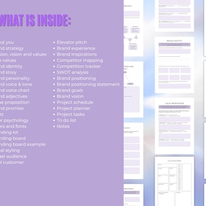 May include: A purple and white branding workbook with the text "WHAT IS INSIDE:" and a list of branding topics, including brand strategy, identity, and vision. The workbook pages are filled with prompts and diagrams.