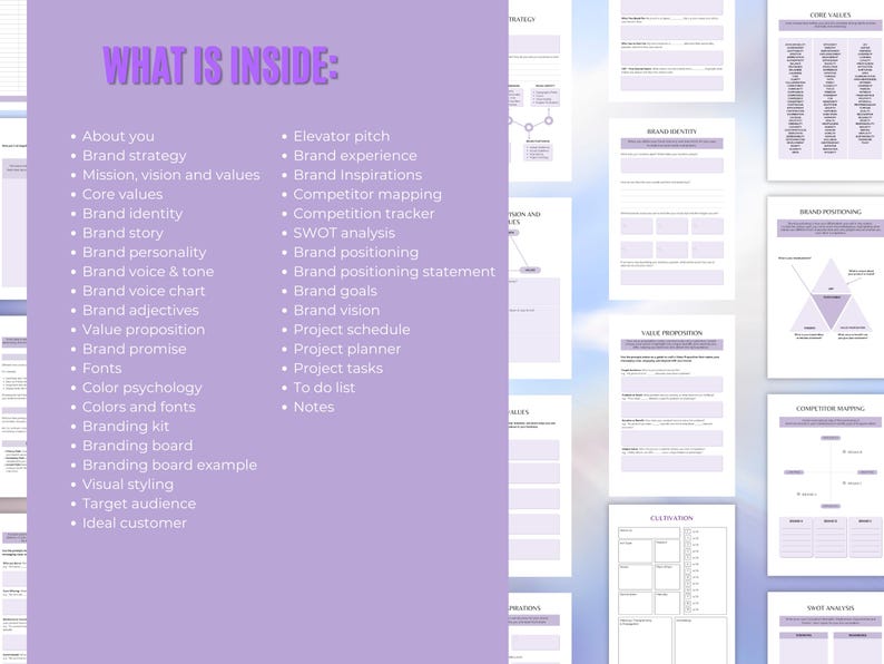 May include: A purple and white branding workbook with the text "WHAT IS INSIDE:" and a list of branding topics, including brand strategy, identity, and vision. The workbook pages are filled with prompts and diagrams.