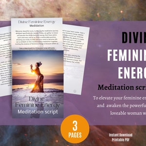 Puede incluir: Una guía PDF imprimible con un fondo rosa y una mujer con un vestido blanco meditando en un paisaje desértico. El texto dice "Divine Feminine Energy Meditation Script" y "Para elevar tu energía femenina y despertar a la mujer poderosa y adorable que hay en ti".