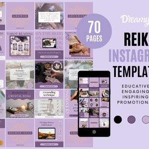 May include: A set of 70 purple and gold Instagram templates for Reiki practitioners. The templates are designed to be educational, engaging, inspiring, and promotional. The templates feature a variety of designs, including quotes, images, and graphics. The templates are perfect for sharing information about Reiki, promoting services, and connecting with clients.
