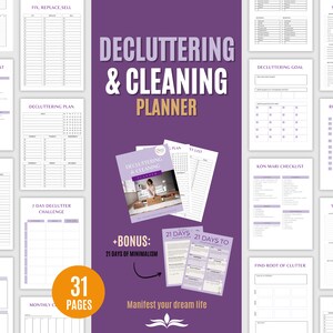 Pode incluir: Um planejador de organização e limpeza imprimível com 31 páginas. O planejador inclui listas de verificação, um desafio de organização de 7 dias, um calendário mensal e uma seção para objetivos de organização. O planejador também inclui um desafio de minimalismo de 21 dias.