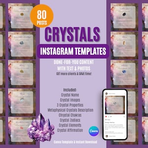 Publicaciones de Instagram de Crystal Healing, tarjetas de cristal, plantillas de redes sociales, Crystal Reiki, piedras preciosas, minerales, significado y propiedades del cristal