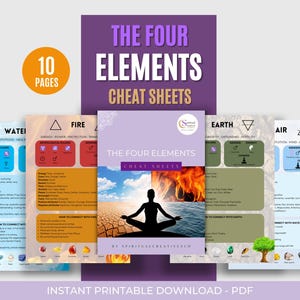 May include: A set of 10 printable cheat sheets about the four elements: water, fire, earth, and air. Each sheet includes information about the element's energy, astrological ruler, gender, chakra, and how to connect with it. The sheets are designed in a modern style with a purple background and a silhouette of a person meditating in the center.