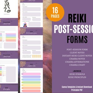 May include: A printable PDF template for Reiki post-session forms. The template includes 16 pages with forms for client notes, distant Reiki client notes, chakra notes, chakra affirmations, and a chakra chart. It also includes bonus Reiki symbols and principles. The template is designed in Canva and is available for instant download.