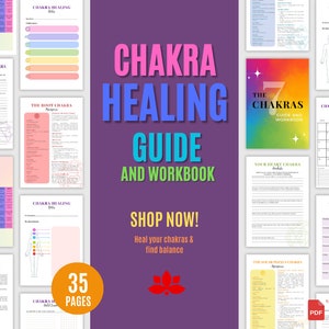 Może przedstawiać: Cyfrowy, drukowany przewodnik i zeszyt ćwiczeń do uzdrawiania czakr. Okładka zawiera kolorową ilustrację siedmiu czakr i tekst "Chakra Healing Guide and Workbook". Tekst "Shop Now! Heal your chakras & find balance" jest również zawarty. Przewodnik zawiera 35 stron.