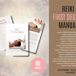 May include: Reiki First Degree Manual, an 80-page digital product, with a table of contents and a photo of a person receiving Reiki. The manual includes lessons on the history of Reiki, the five Reiki principles, and how to perform self-treatments and treatments on others.