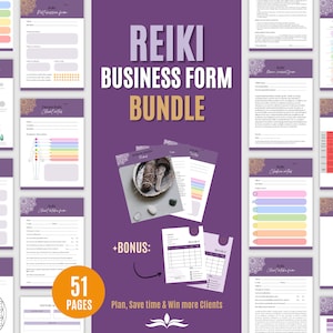 May include: A purple background with the text "Reiki Business Form Bundle" in white. There are 51 pages of forms, including a client intake form, a crystal grid chart, and a chakra chart. The text "Plan, Save time & Win more Clients" is also included.