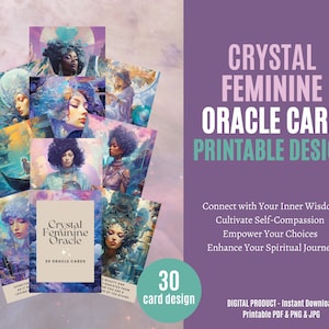 Baraja de cartas de oráculo femenino de cristal imprimible, carta de oráculo femenino, sabiduría femenina, cristales curativos, diseño de cartas de tarot, cartas espirituales