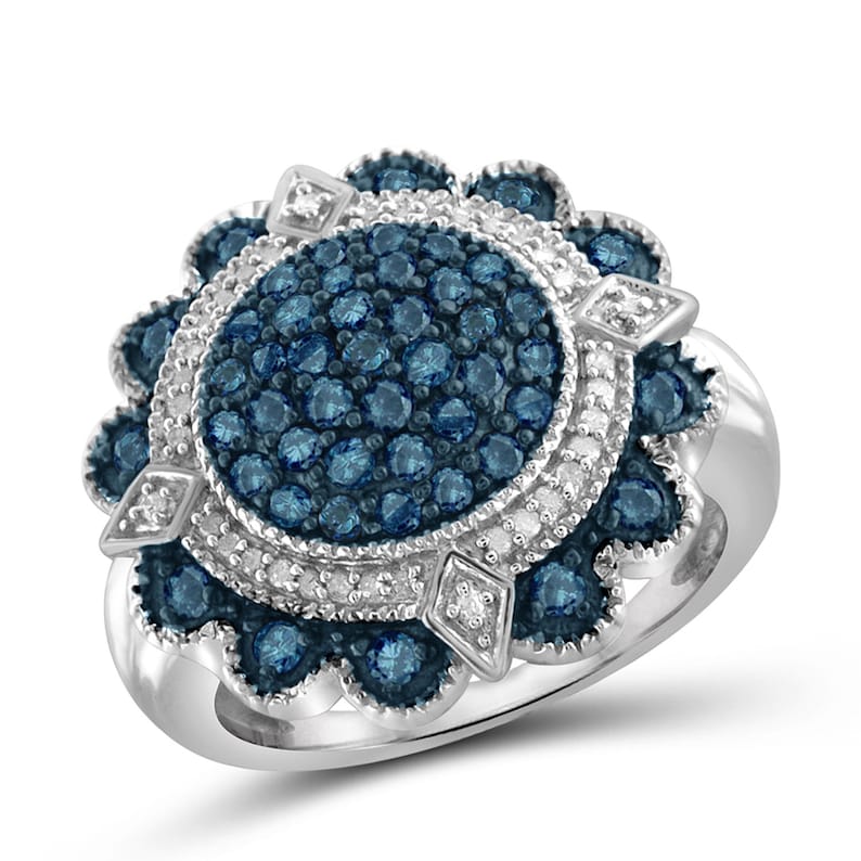 Blue And White Diamond Flower Sterling Silver Ring 1.00 Carat T.W