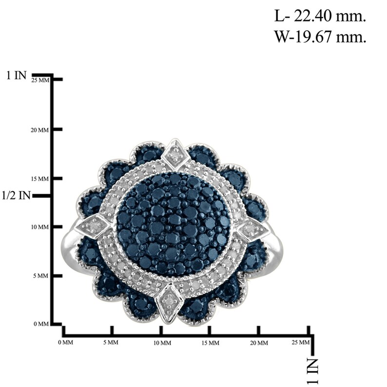 Blue And White Diamond Flower Sterling Silver Ring 1.00 Carat T.W
