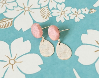 Pierced Japanese Vintage Kimono Fabric Button Earrings in Hitoume Pink with Brushed Gold Teardrops