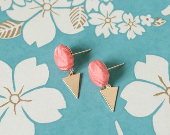 Pierced Japanese Vintage Kimono Fabric Button Earrings in Sangosho Pink with Polished Gold Triangles