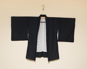 Vintage Japanese Haori Kimono Jacket – Silver Botanicals & Red Berries on Black with Sayagata Lining