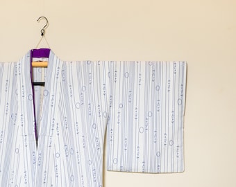 Vintage Japanese Komon Kimono - Linear Motif with Lettering in Ai Blue on White