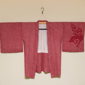 Vintage Japanese Shibori Haori Silk Kimono Jacket – Reverse Florals in White on Akabeni Red