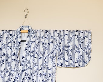 New Vintage Japanese Cotton Yukata Kimono Robe – Climbing Japanese Plum Blooms in Ai Blue on White
