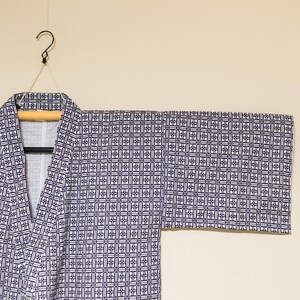 New Vintage Japanese Cotton Yukata Kimono Robe – Geometric Tiles in Ai Blue on White