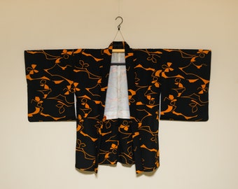 Vintage Japanese Haori Kimono Jacket – Abstract Floral Outlines in Mikan Orange on Black