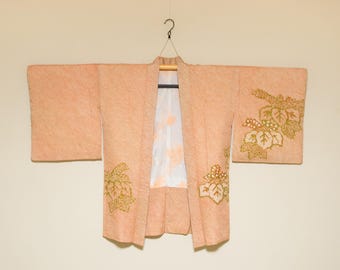 Vintage Japanese Shibori Haori Kimono Jacket – Asymmetric Botanicals with Maple Leaf Lining in Kaki Orange
