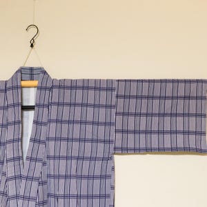 Vintage Japanese Cotton Yukata Kimono Robe – Geometric Abstract Checks in Ai Blue on White