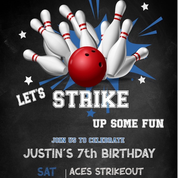 Editable Boys Bowling Birthday Invitation Template Customizable Ten Pin Party Birthday Invitation Printable Kids Birthday Invitation Design