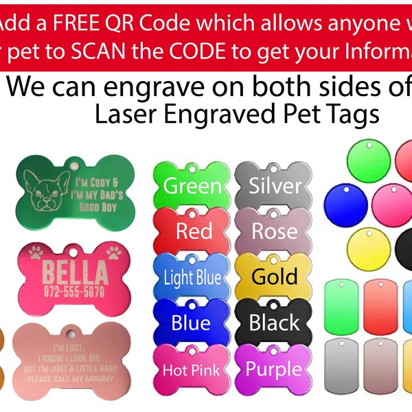 Custom Engraved Pet ID Tags, Tags for Dogs and Cats, Pets ID Tags, Engraved Dog Tag, QR Code Pet Tag, Dog Bone shape Tag, Pet Round Tags
