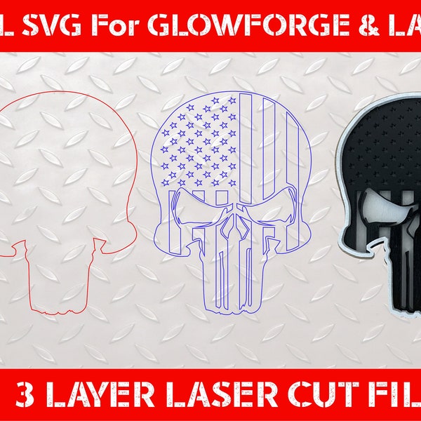 Punisher Inspired American Flag SVG Design File 3 Layer SVG Design Military Style Skull SVG Glowforge and Laser Ready Lightburn DxF SvG file